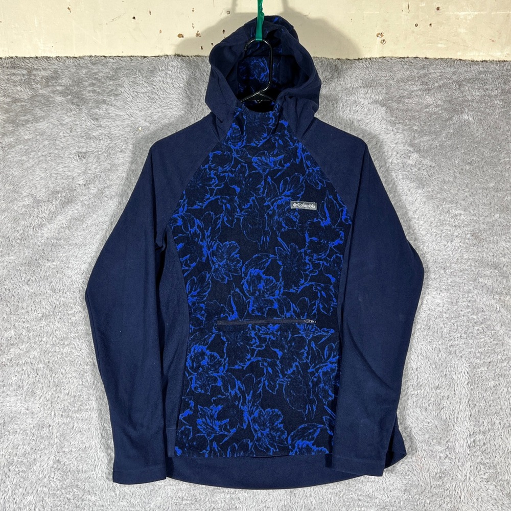 Columbia Fleece Hoodie Women Medium Navy Blue Floral Pullover AL2726